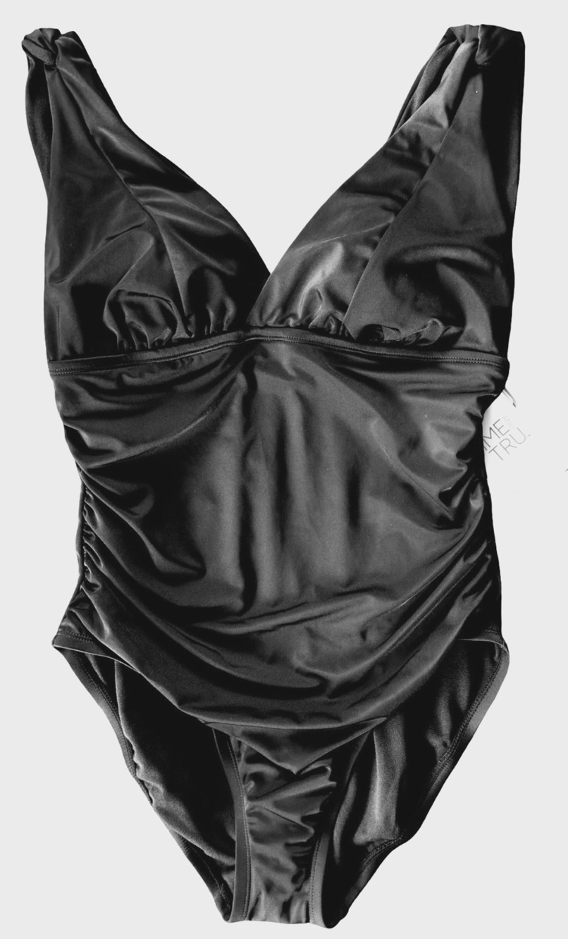 Time & Tru Black One Piece Swimsuit M 8-10 Slimming V Neck NWT